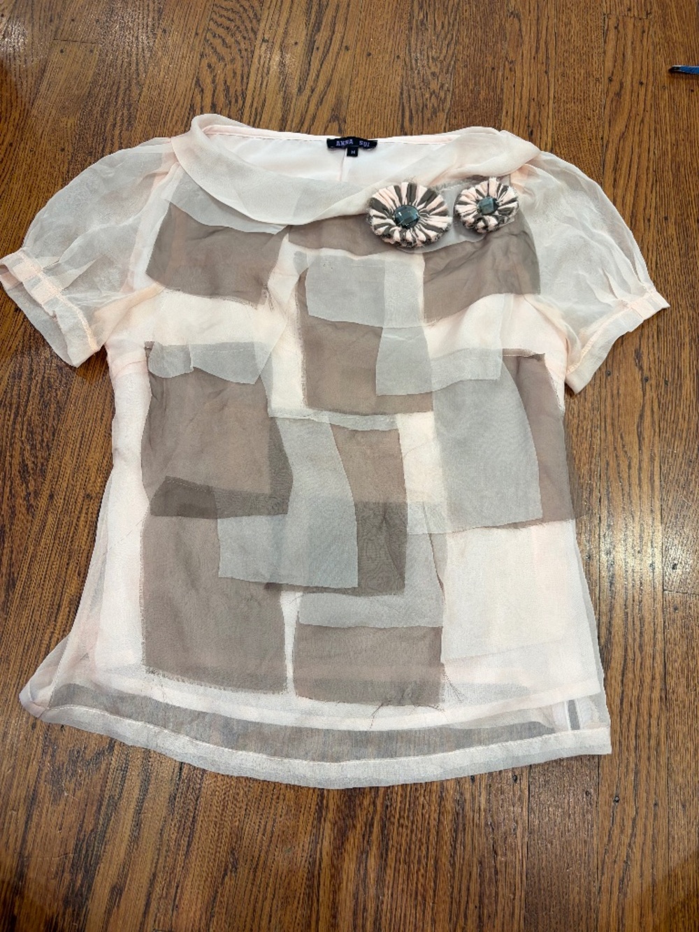 Anna Sui 100% Silk Organza Top Medium Blush Pink Abstract Patchwork Rosette